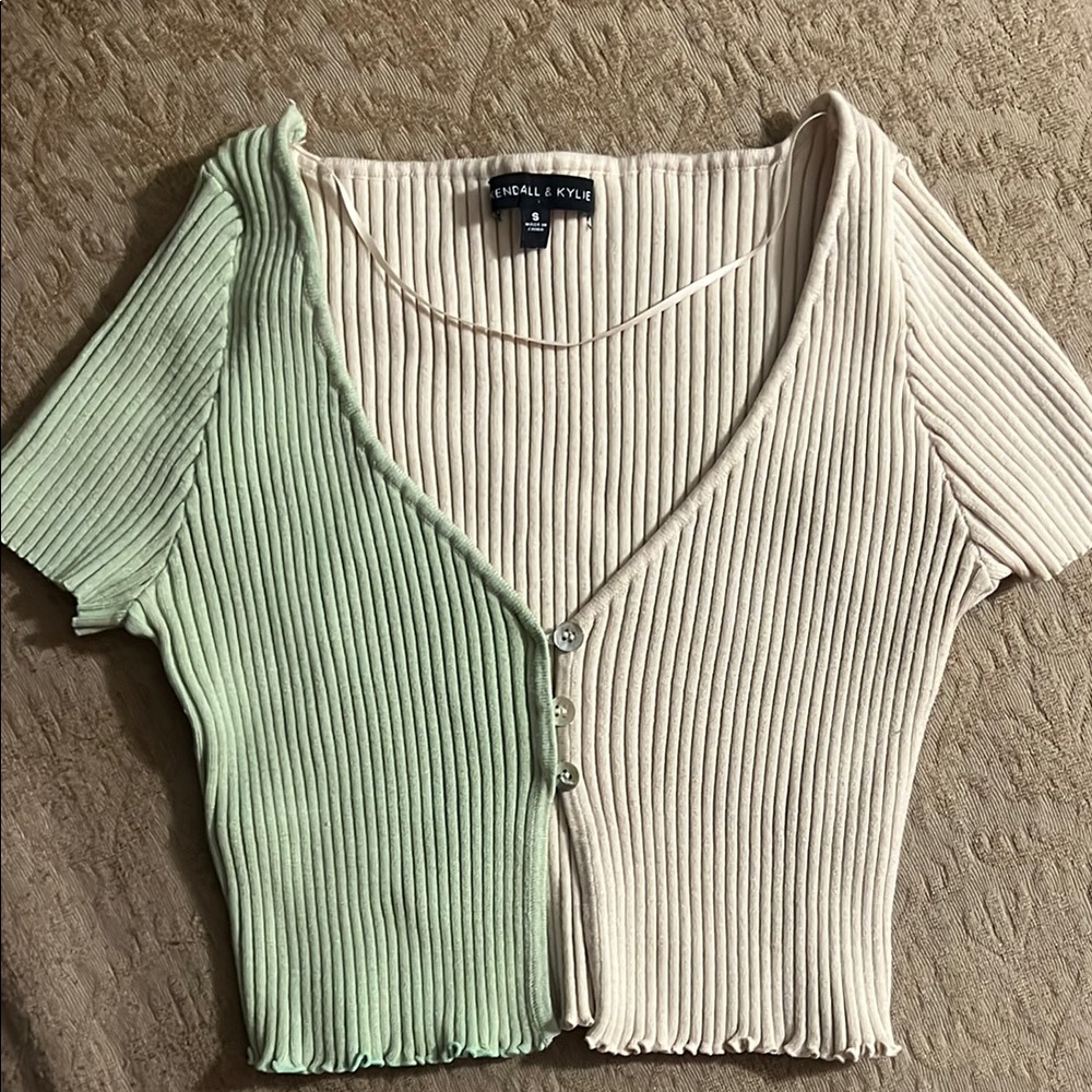 Kendall & Kylie Green and Cream Ribbed Crop Top